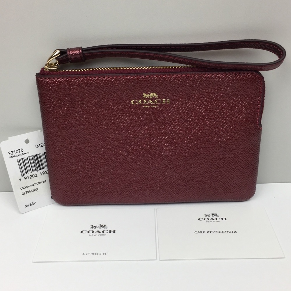 Coach Leather Metallic Cherry Corner Zip Wristlet - Picture 2 of 5
